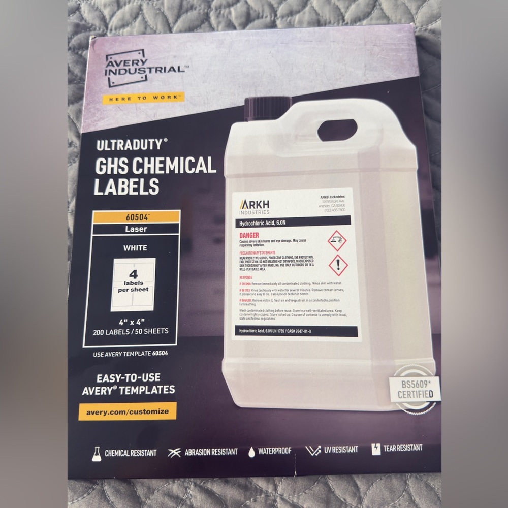 Avery UltraDuty GHS Chemical Labels for Laser Printers, Waterproof, UV Resistant